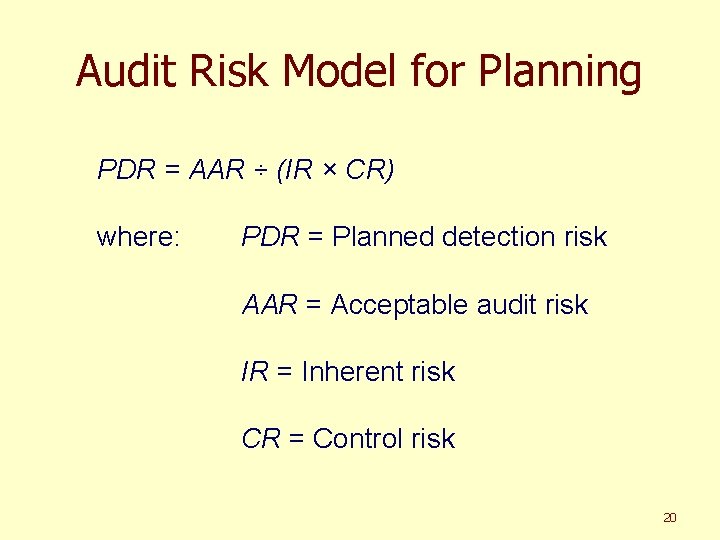 Audit Risk Model for Planning PDR = AAR ÷ (IR × CR) where: PDR