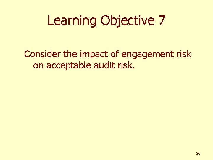 Learning Objective 7 Consider the impact of engagement risk on acceptable audit risk. 26