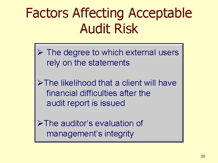 Factors Affecting Acceptable Audit Risk Ø The degree to which external users rely on