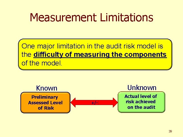 Measurement Limitations One major limitation in the audit risk model is the difficulty of