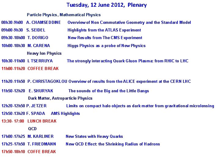 Tuesday, 12 June 2012, Plenary Particle Physics, Mathematical Physics 08 h 30 -9 h