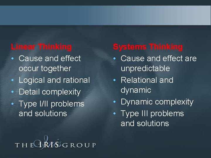 Linear Thinking • Cause and effect occur together • Logical and rational • Detail