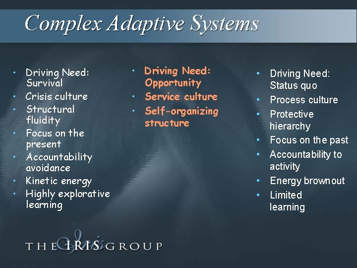 Complex Adaptive Systems • Driving Need: Survival • Crisis culture • Structural fluidity •