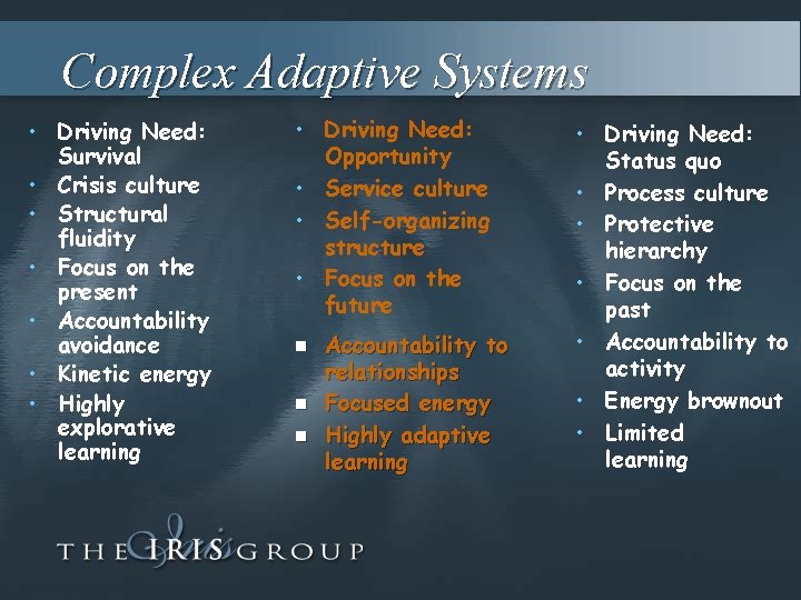 Complex Adaptive Systems • Driving Need: Survival • Crisis culture • Structural fluidity •