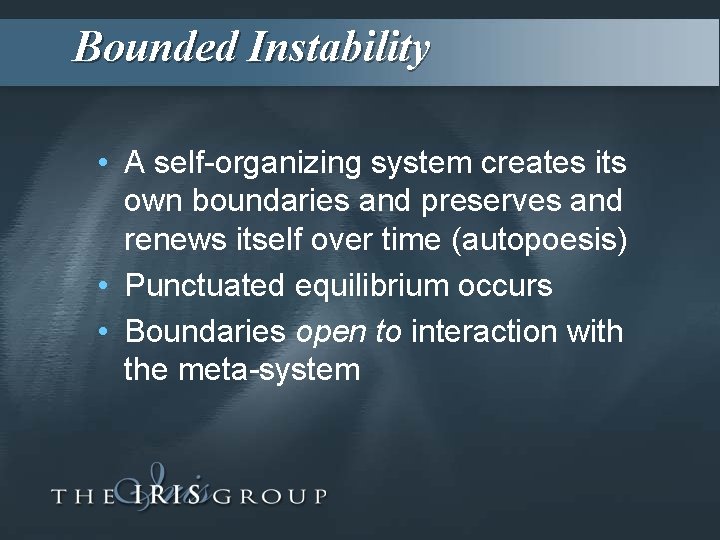 Bounded Instability • A self-organizing system creates its own boundaries and preserves and renews