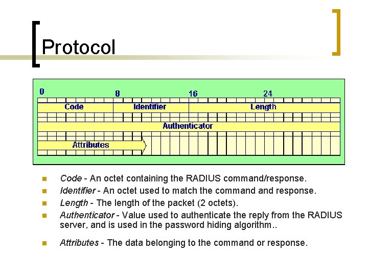 Protocol n n n Code - An octet containing the RADIUS command/response. Identifier -