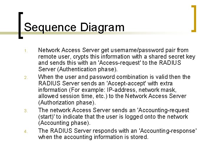 Sequence Diagram 1. 2. 3. 4. Network Access Server get username/password pair from remote