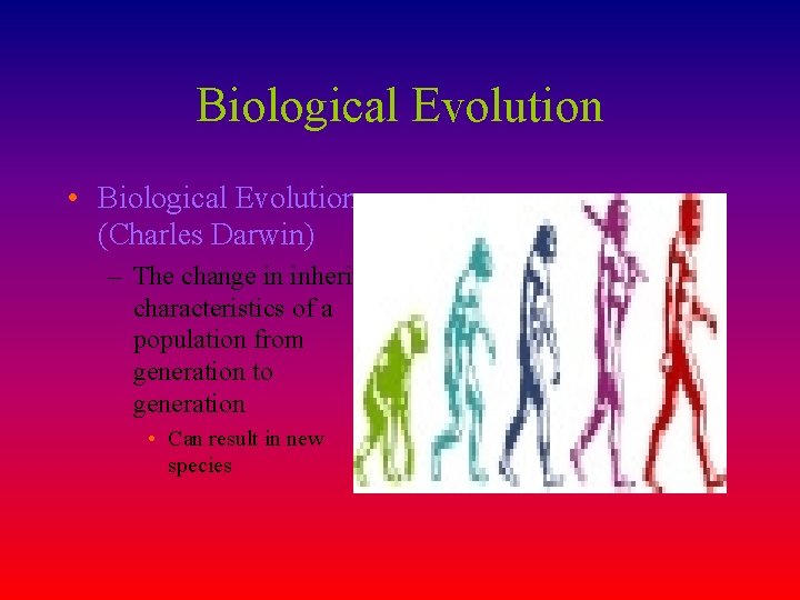 Biological Evolution • Biological Evolution (Charles Darwin) – The change in inherited characteristics of