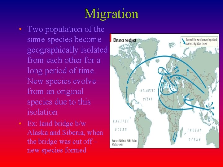 Migration • Two population of the same species become geographically isolated from each other
