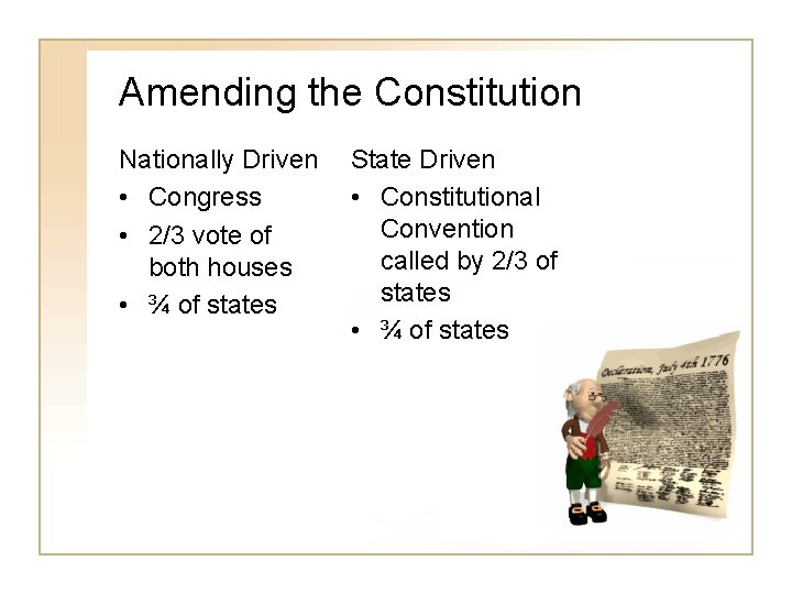 Amending the Constitution Nationally Driven • Congress • 2/3 vote of both houses •