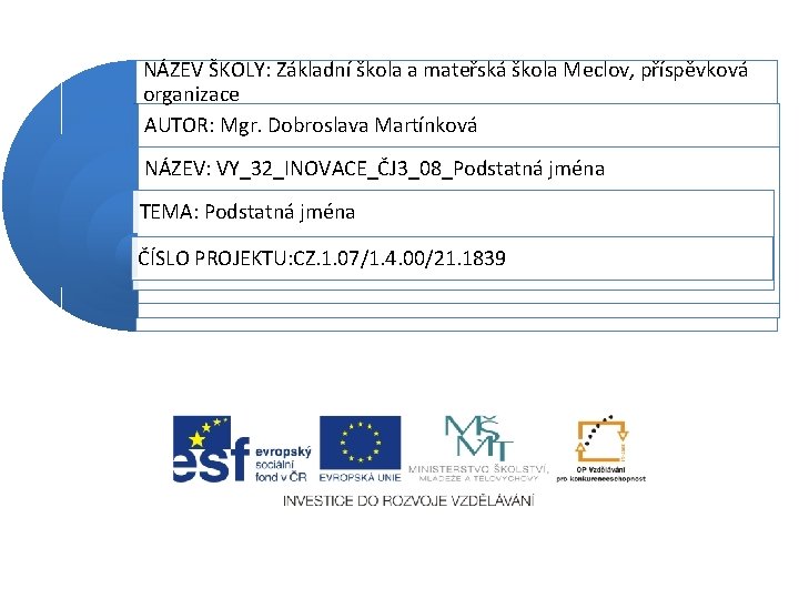 NÁZEV ŠKOLY: Základní škola a mateřská škola Meclov, příspěvková organizace AUTOR: Mgr. Dobroslava Martínková
