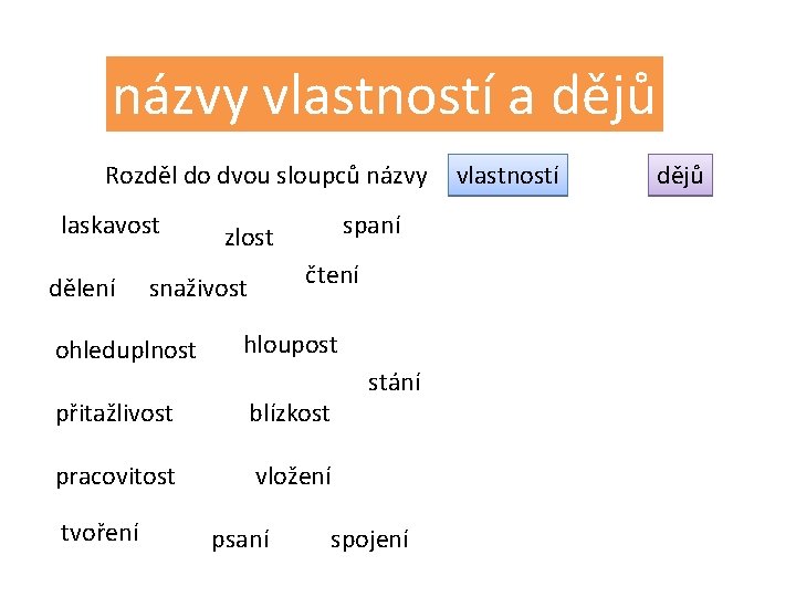 názvy vlastností a dějů Rozděl do dvou sloupců názvy laskavost dělení spaní zlost čtení