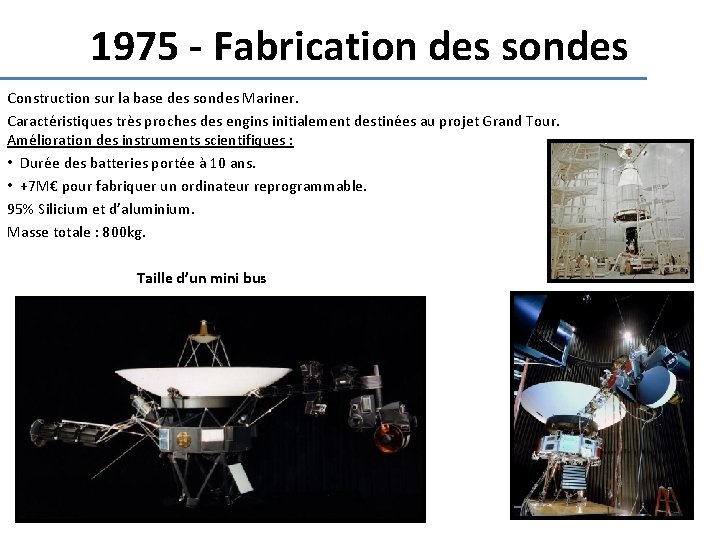 1975 - Fabrication des sondes Construction sur la base des sondes Mariner. Caractéristiques très