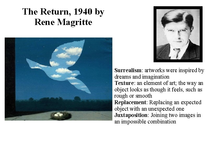 The Return, 1940 by Rene Magritte Surrealism: artworks were inspired by dreams and imagination