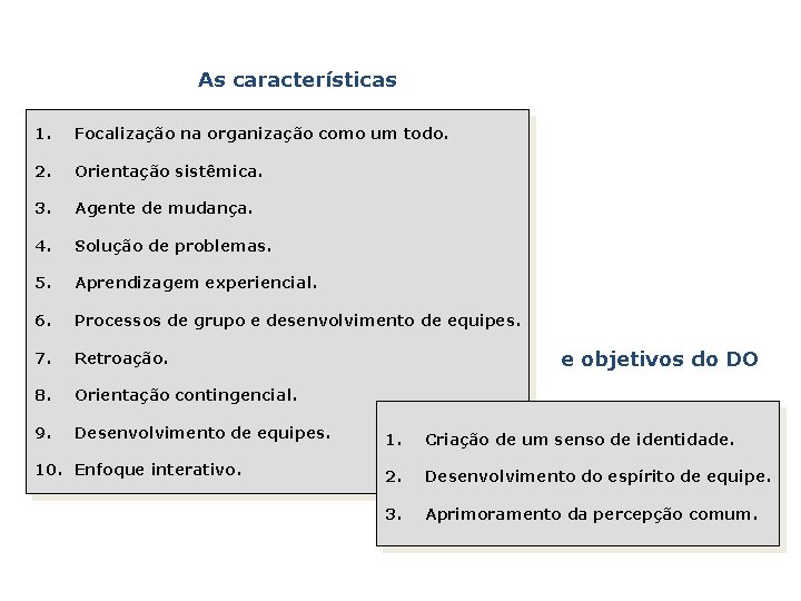 As características 1. Focalização na organização como um todo. 2. Orientação sistêmica. 3. Agente