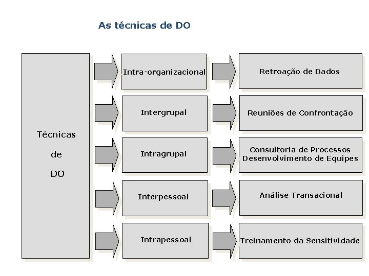 As técnicas de DO Intra-organizacional Retroação de Dados Intergrupal Reuniões de Confrontação Intragrupal Consultoria