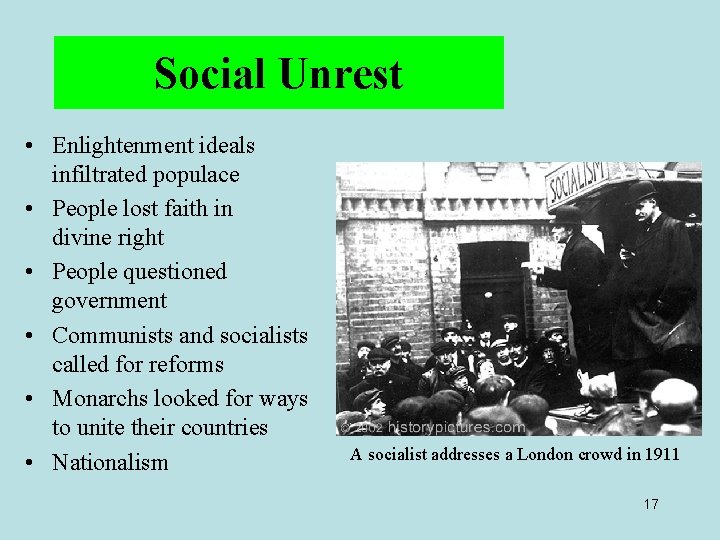 Social Unrest • Enlightenment ideals infiltrated populace • People lost faith in divine right