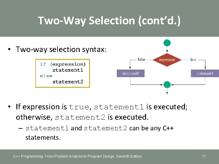 Two-Way Selection (cont’d. ) • Two-way selection syntax: • If expression is true, statement