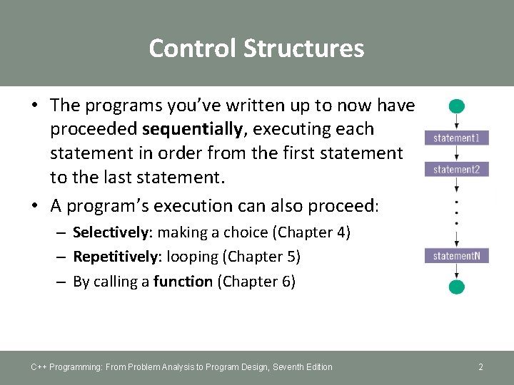 Control Structures • The programs you’ve written up to now have proceeded sequentially, executing