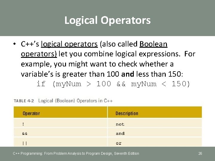 Logical Operators • C++’s logical operators (also called Boolean operators) let you combine logical