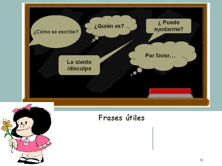 ¿Cómo se escribe? ¿Quién es? ¿ Puede ayudarme? Por favor… Lo siento /disculpe Frases