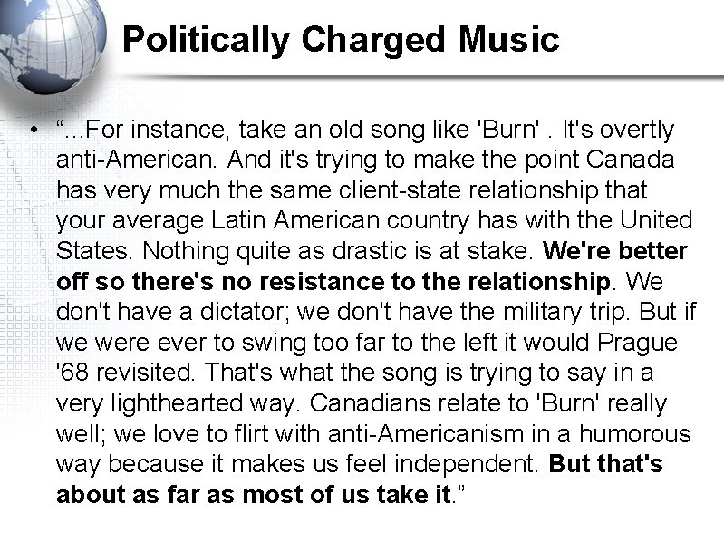 Politically Charged Music • “. . . For instance, take an old song like