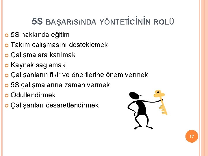 5 S BAŞARıSıNDA YÖNTETİCİNİN ROLÜ 5 S hakkında eğitim Takım çalışmasını desteklemek Çalışmalara katılmak