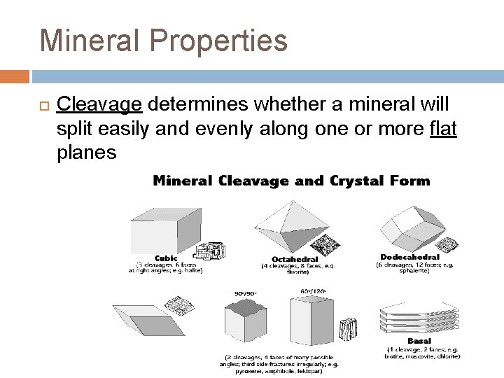 Mineral Properties Cleavage determines whether a mineral will split easily and evenly along one