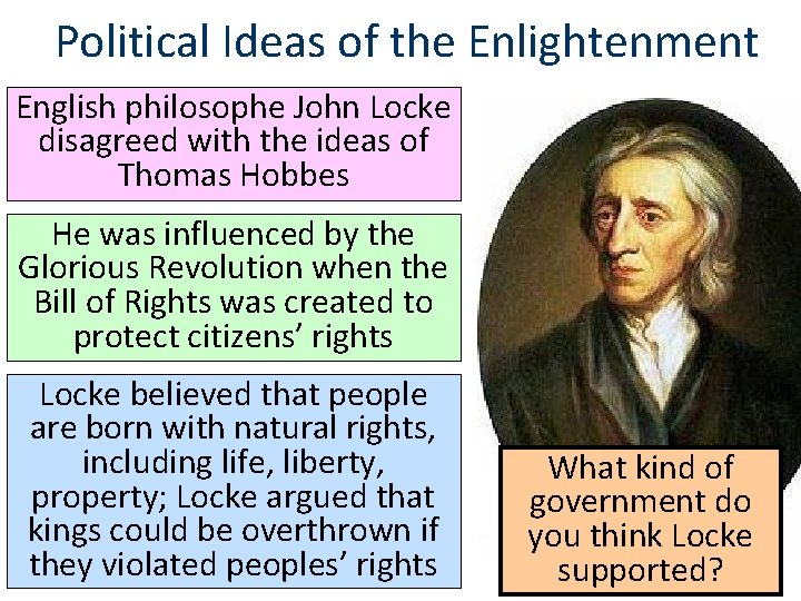 Political Ideas of the Enlightenment English philosophe John Locke disagreed with the ideas of