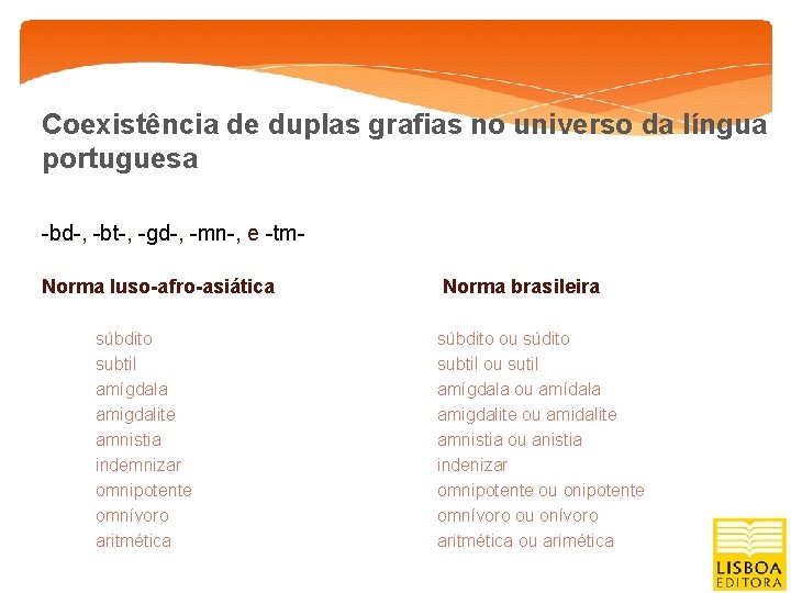 Coexistência de duplas grafias no universo da língua portuguesa -bd-, -bt-, -gd-, -mn-, e