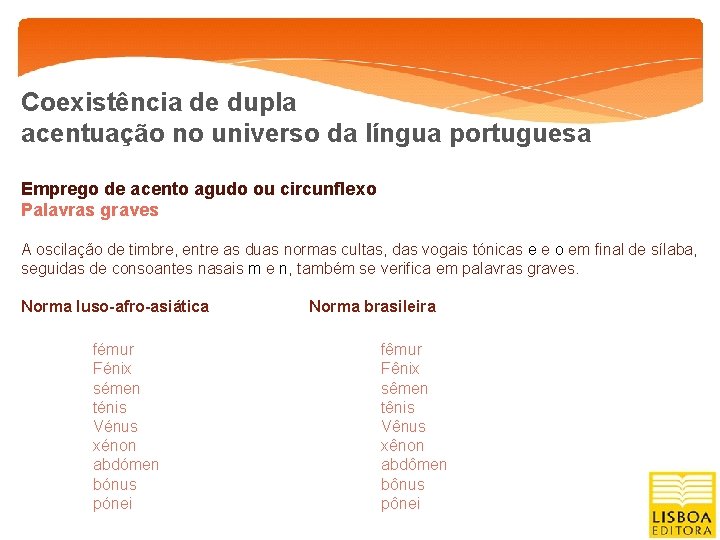 Coexistência de dupla acentuação no universo da língua portuguesa Emprego de acento agudo ou