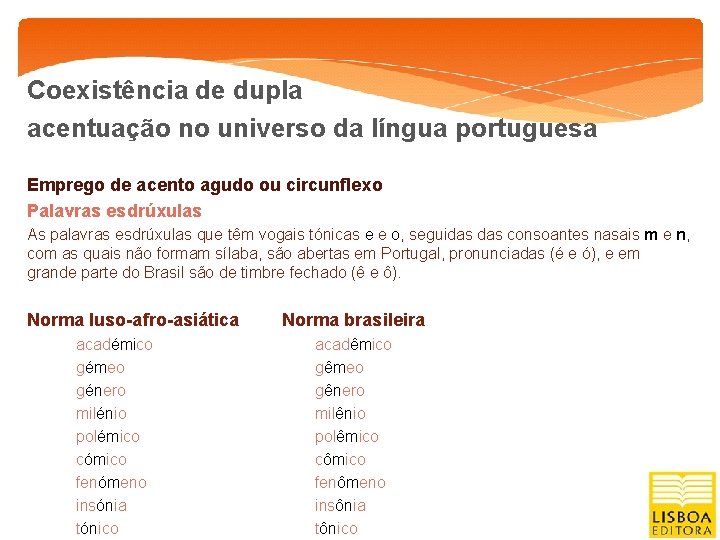 Coexistência de dupla acentuação no universo da língua portuguesa Emprego de acento agudo ou