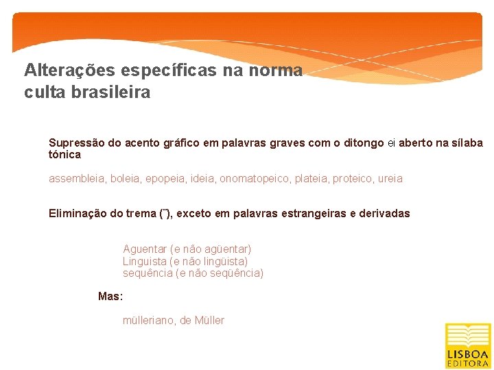 Alterações específicas na norma culta brasileira Supressão do acento gráfico em palavras graves com