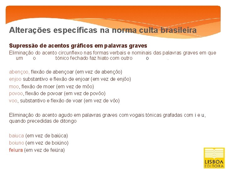 Alterações específicas na norma culta brasileira Supressão de acentos gráficos em palavras graves Eliminação