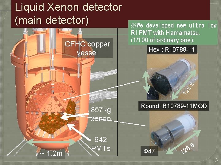 Liquid Xenon detector (main detector) Hex : R 10789 -11 12 6. 6 OFHC