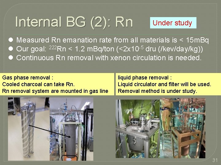 Internal BG (2): Rn Under study l Measured Rn emanation rate from all materials