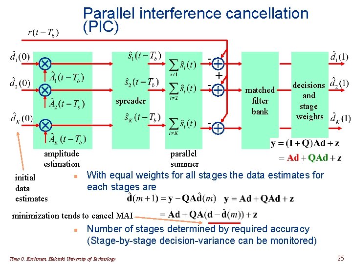 Parallel interference cancellation (PIC) spreader amplitude estimation initial data estimates n + matched filter