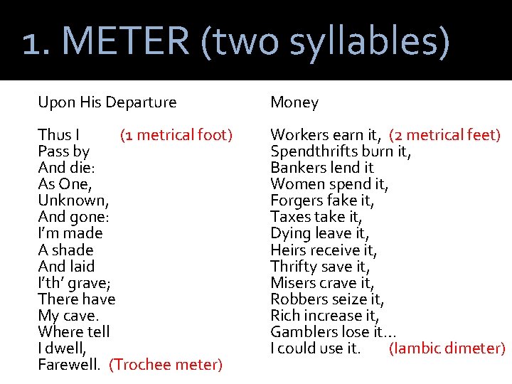 1. METER (two syllables) Upon His Departure Money Thus I (1 metrical foot) Pass
