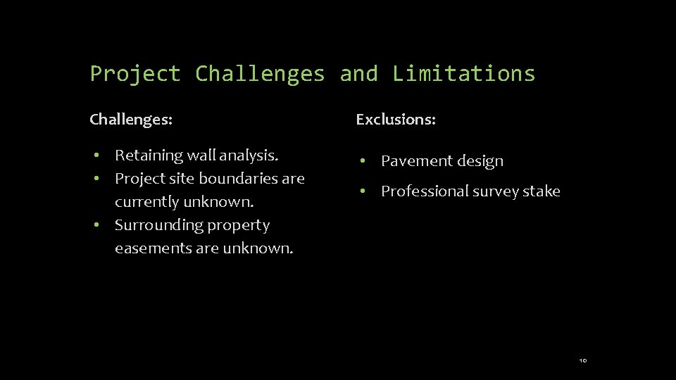 Project Challenges and Limitations Challenges: Exclusions: • Retaining wall analysis. • Project site boundaries