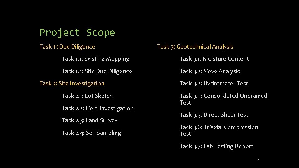 Project Scope Task 1 : Due Diligence Task 3: Geotechnical Analysis Task 1. 1: