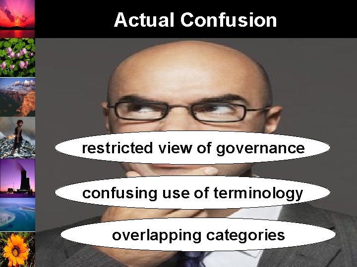 Actual Confusion restricted view of governance confusing use of terminology overlapping categories 18 