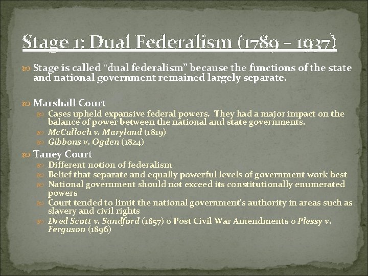 Stage 1: Dual Federalism (1789 – 1937) Stage is called “dual federalism” because the