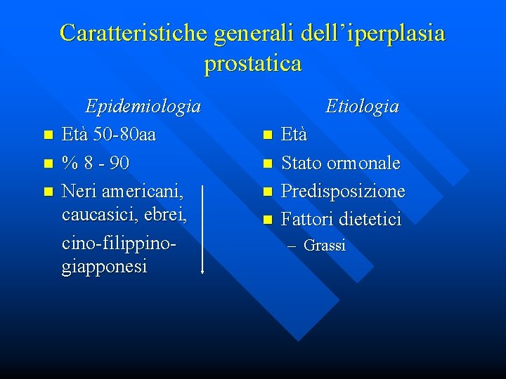 Caratteristiche generali dell’iperplasia prostatica n n n Epidemiologia Età 50 -80 aa % 8