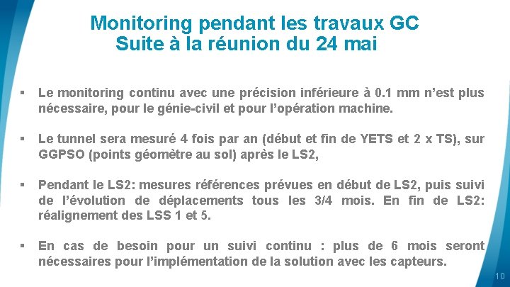 Monitoring pendant les travaux GC Suite à la réunion du 24 mai § Le