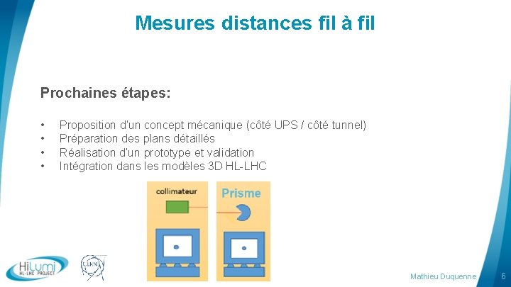 Mesures distances fil à fil Prochaines étapes: • • Proposition d’un concept mécanique (côté