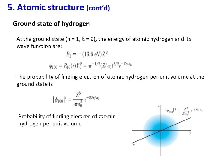 5. Atomic structure (cont’d) Ground state of hydrogen At the ground state (n =