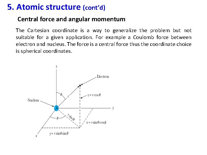 5. Atomic structure (cont’d) Central force and angular momentum The Cartesian coordinate is a