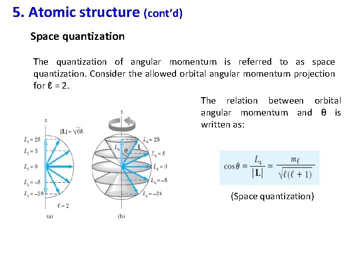 5. Atomic structure (cont’d) Space quantization The quantization of angular momentum is referred to