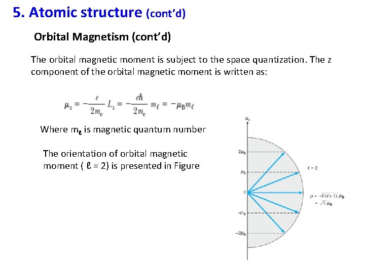 5. Atomic structure (cont’d) Orbital Magnetism (cont’d) The orbital magnetic moment is subject to