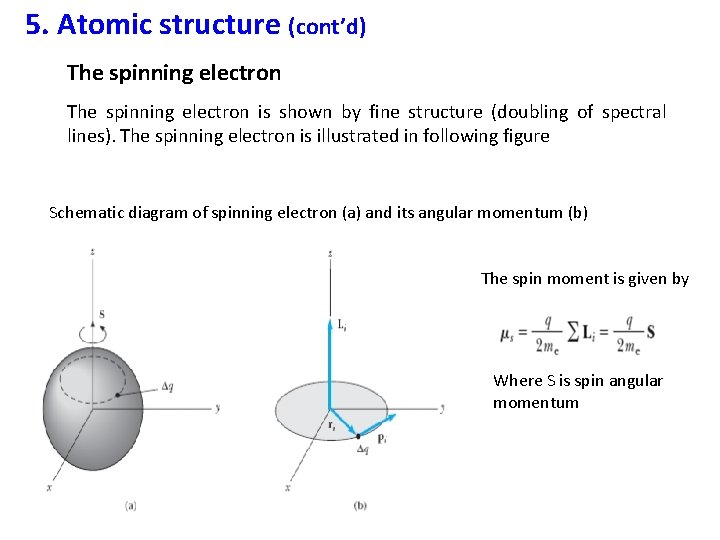 5. Atomic structure (cont’d) The spinning electron is shown by fine structure (doubling of